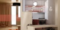 3D Визуализация комнаты с видом на кухню, дизайн интерьера